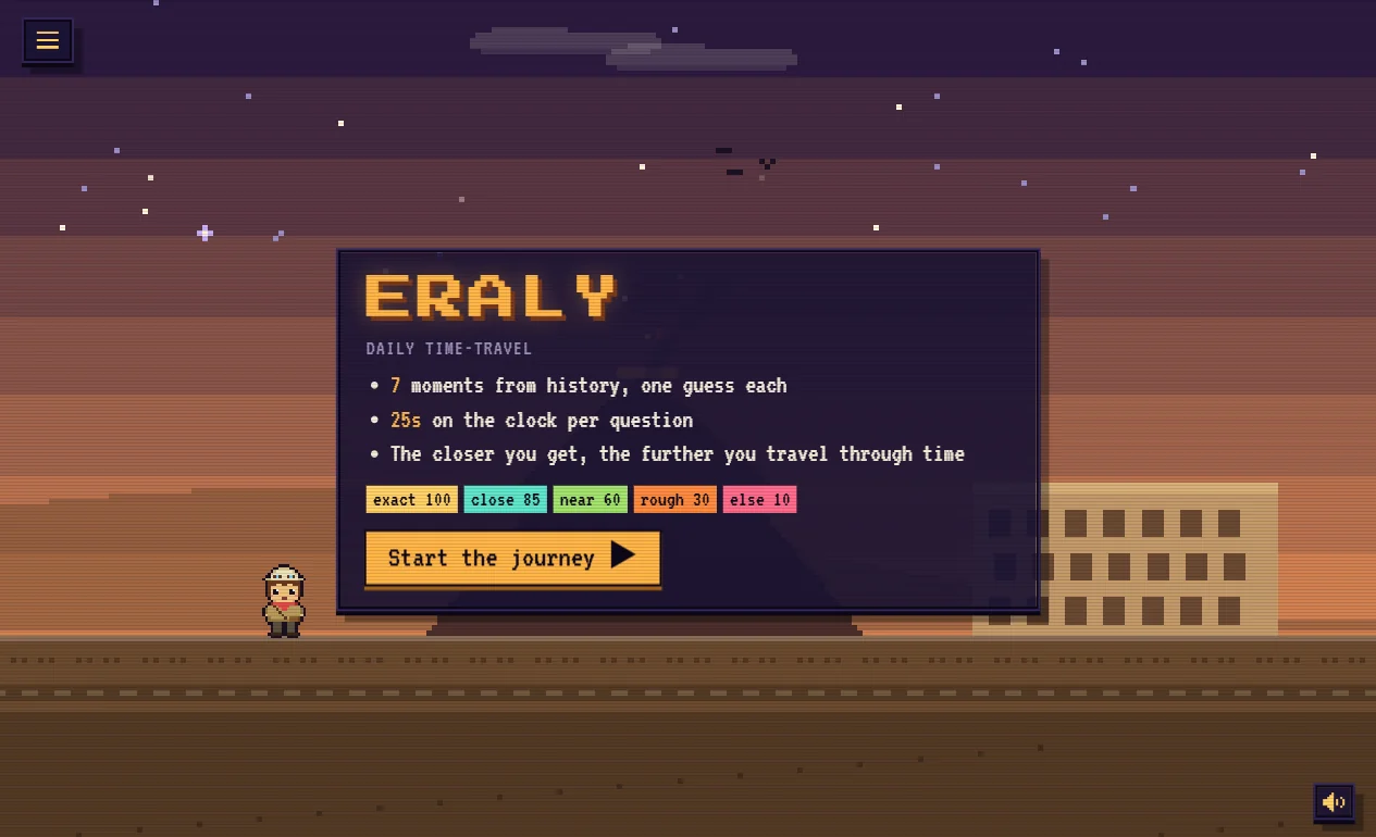 Eraly.io Daily start screen with the pixel traveller, history landscape and Start the journey button